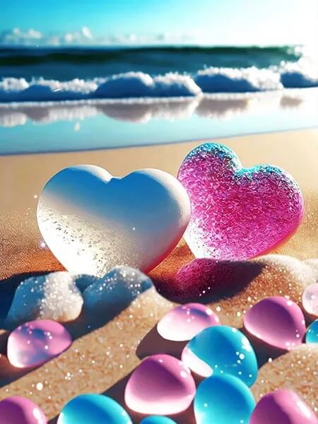 Beautiful Beach With Hearts In Sand Diamond Painting 