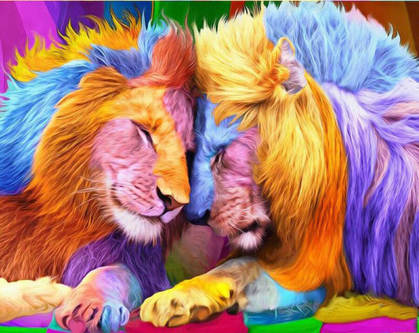 Diamond Painting Colorful Sweet Lion Couple - OLOEE