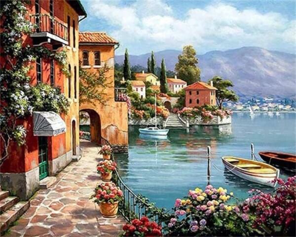 Diamond Painting Houses Water Boats Landscape - OLOEE