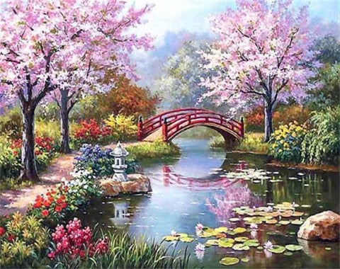 Diamond Painting Bridge Pond Landscape - OLOEE