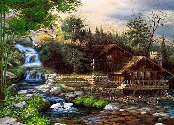 Native House By The Waterfalls, 5D Diamond Painting Kits