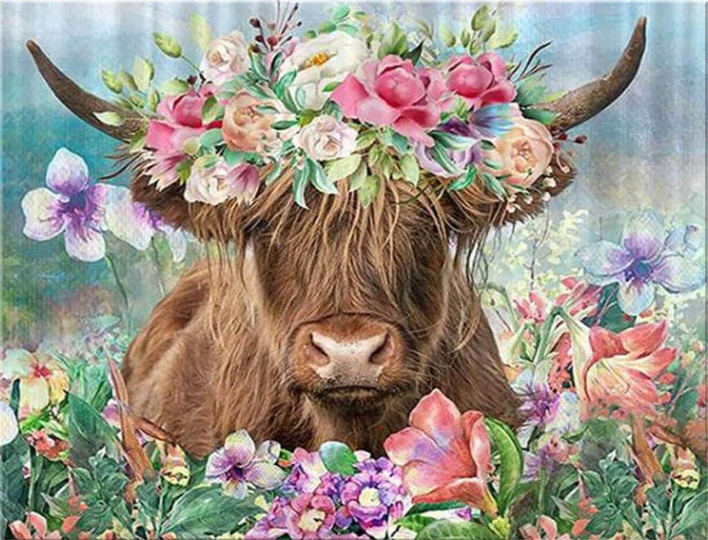 Highland Cow with Flowers Diamond Painting Kits Full Drill – OLOEE