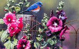 Diamond Painting Blue Little Bird On Fences Of Flowers - OLOEE
