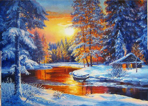 Diamond Painting Winter Forest River Landscape - OLOEE